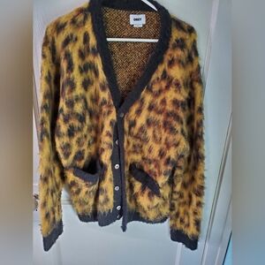 Obey Mens Fuzzy Leopard Cardigan in Brown and Black Leopard. Medium